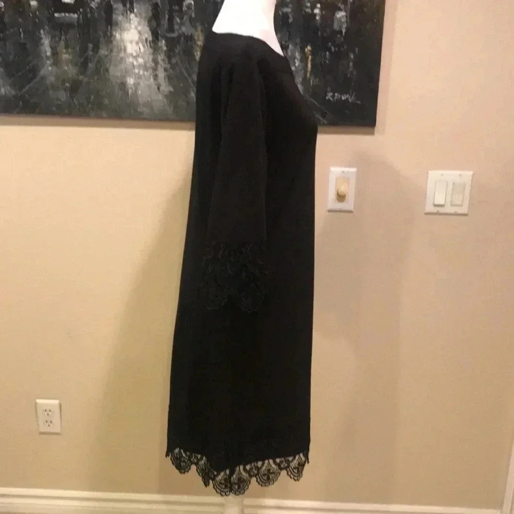 Beige by ECI Black Intricate Scalloped Lace Boat Neck 3/4 Sleeved Dress-Size 10 - Picture 4 of 12